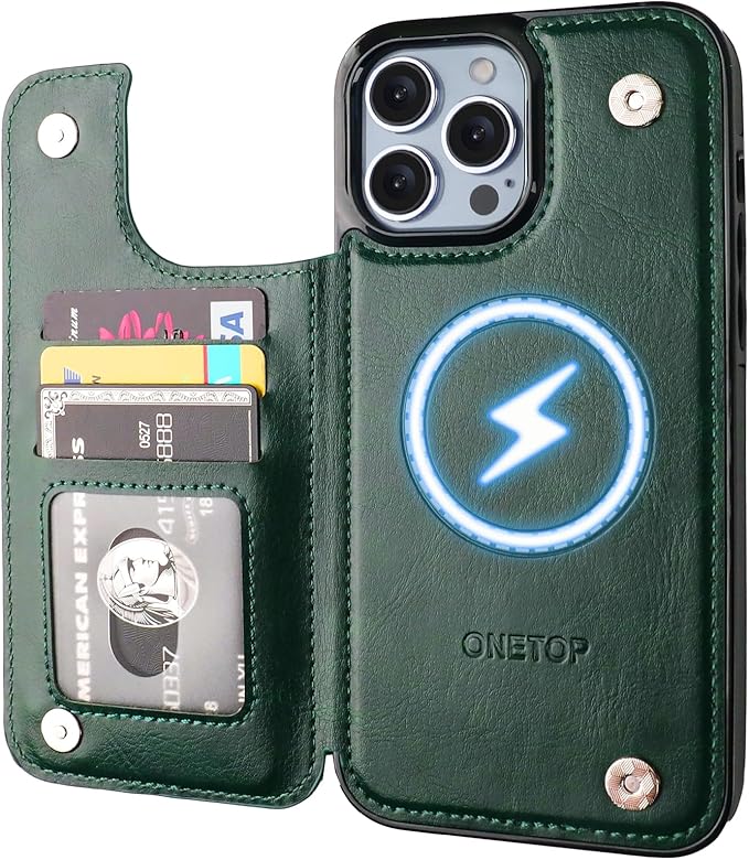 ONETOP Compatible with Magsafe for iPhone 13 Pro Max Wallet Case with Card Holder, PU Leather Kickstand RFID Blocking Case, Double Magnetic Clasp and Durable Shockproof Cover 6.7 Inch (Green)