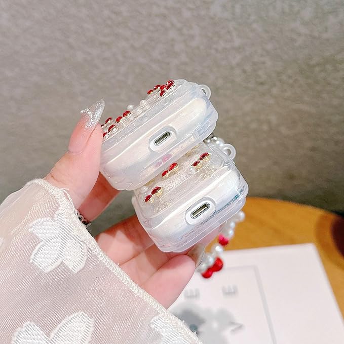 JANDM 3D Cherry Case with Keychain for AirPods 2/1 Generation,Clear Diamonds Aesthetic Shockproof Cover with Cute Pearl Strap Keychain for Women Girls Protective Cover