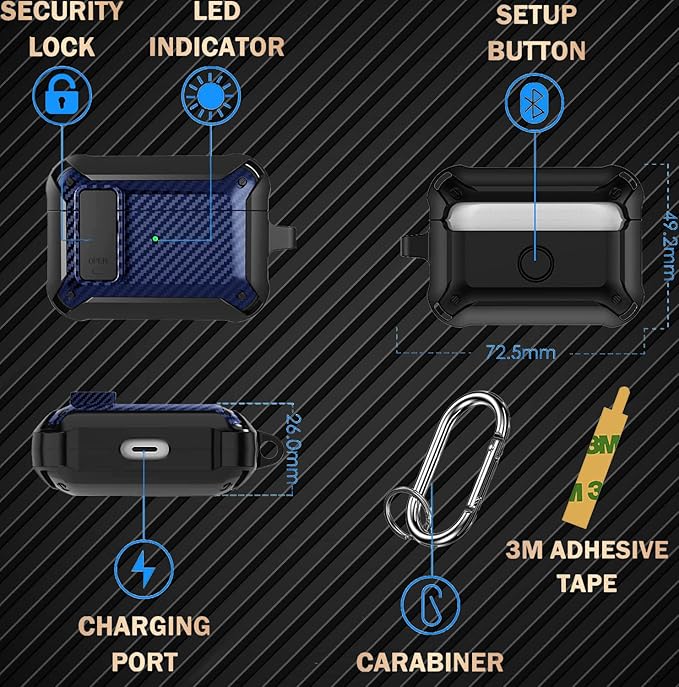 for Airpods Pro 2/1 Gen Case Cover with Lock (2019/2022/2023), Rugged Locking Case for Airpod Pro 2nd/1st Generation Shockproof Armor Protective Skin for Apple iPod Pro-Black/Blue