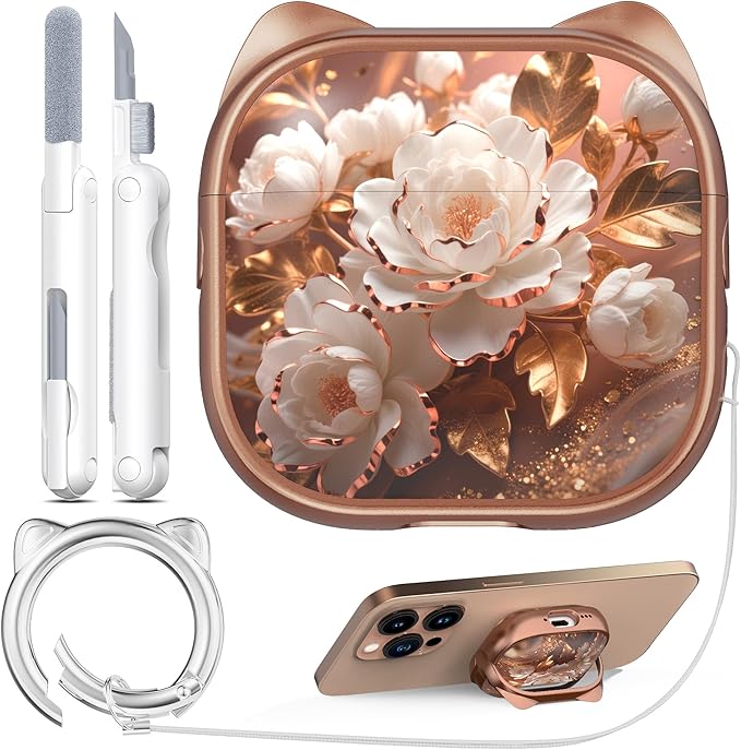 RFUNGUANGO AirPods 4 Case for Women Girly Cat Case with Lock, Phone Stand, Keychain & Cleaner Kit, Compatible with Apple Airpods 4th Generation Case Cover, Rose Gold Peony