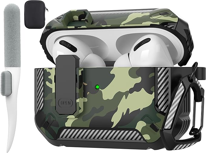 Maxjoy for AirPods Pro Case Cover with Lock, AirPods Pro 1st Generation Case for Men Military Rugged Protective Cover with Keychain Compatible with Apple AirPod Pros 2019 Front LED Visible, Green Camo