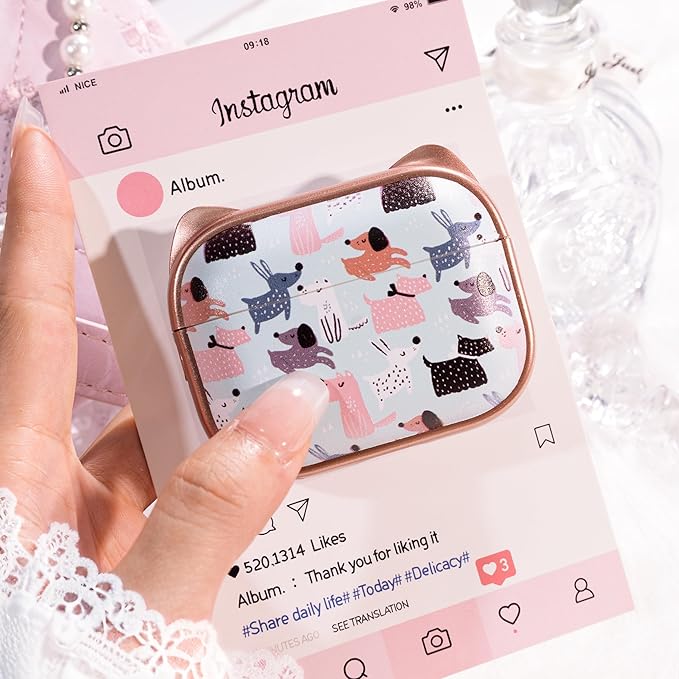 for AirPods Pro 2 Case with Cleaning Kit, Cute Cat Ear Print Design & Cute Buckle for Girls, Phone Holder & Top Safe Lock Buckle Design for AirPods Pro 2nd/1st Gen case, Rose Gold Animal