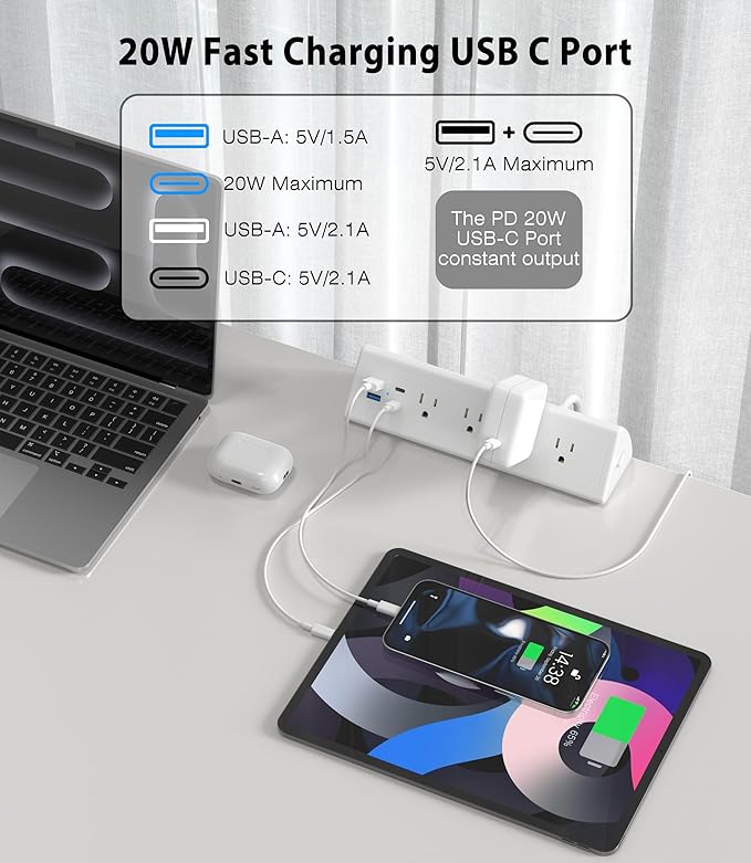 Jgstkcity Desk Clamp Power Strip,20W Fast Charging Station,Surge Protector Nightstand Edge Mount,1875W Extension Cord with Multiple Outlets,2 USB-C,2 USB-A,for Home Office (White, 10 FT)