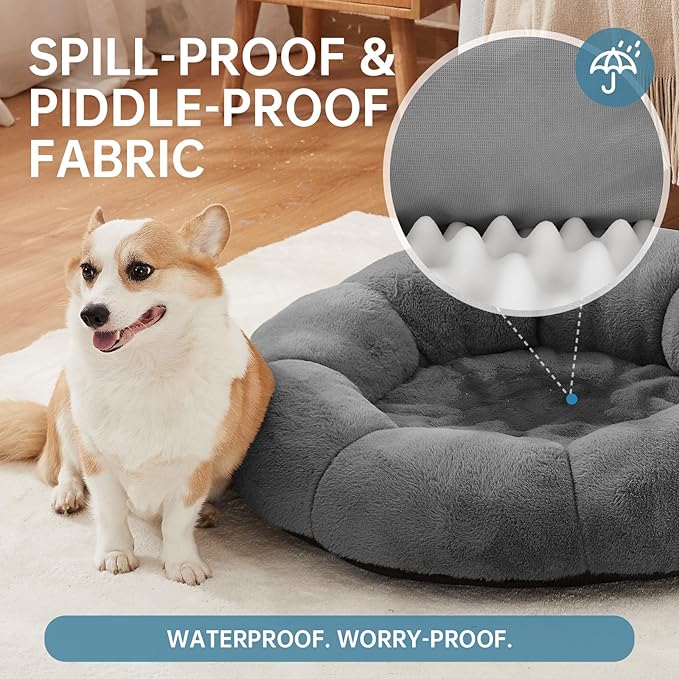 OhGeni 31 inches Calming Donut Orthopedic Dog & Cat Bed for Medium Pets, Warming Comfort Fluffy Short Pile Fur, Durable Waterproof Machine Washable Removable Cover, Round Bed for Puppy, Dark Gray