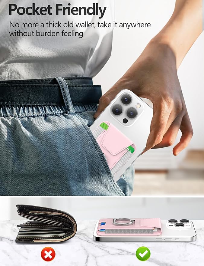 For Magsafe Wallet with Grip, 6-Card Holder, Stronger Magnetic Card Wallet Holder for iPhone 16/15, iPhone 14/13/12 Series, Leather Magnetic Phone Wallet with Privacy Flap, RFID Blocking, Pink