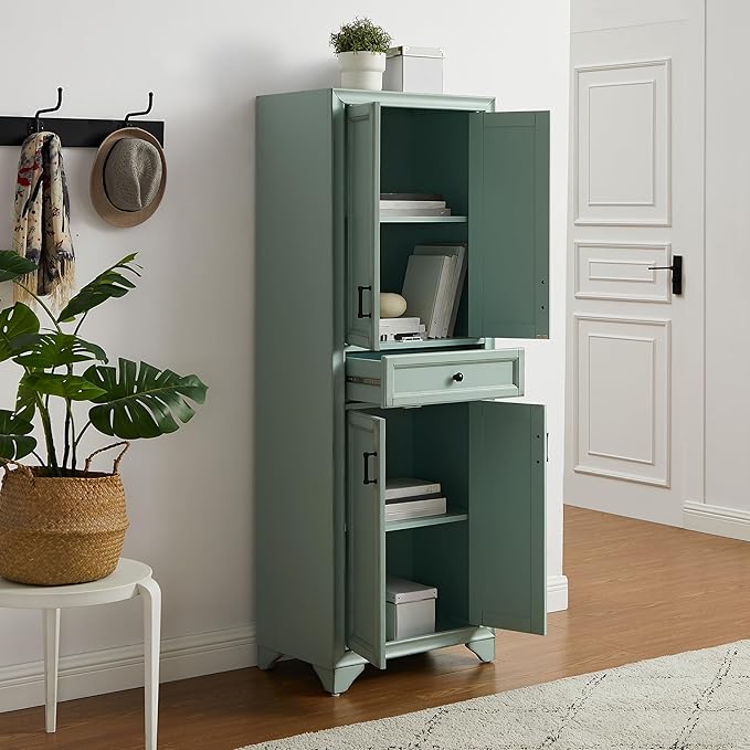Crosley Furniture Tara Pantry Storage Cabinet with Shelves, Kitchen, Dining, or Laundry Room, Distressed Seafoam Blue