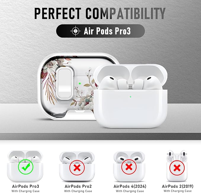 Compatible Airpods Pro 3 Case (2025) with Phone Stand & Cleaner Kit,Cute Flower Print Soft Silicone Lock Clip Apple AirPods Pro 3rd Generation Case, Airpod Pro 3 Cover with Keychain for Women/Girls
