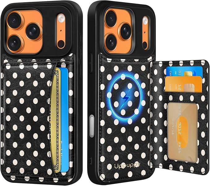 for iPhone 17 Pro Max Case with Wallet - Fits 4 Card Slots, Compatible with MagSafe for Women Aesthetic PU Leather Credit Card Holder Kickstand Phone Cover for Apple 17 Promax, Polka Dots