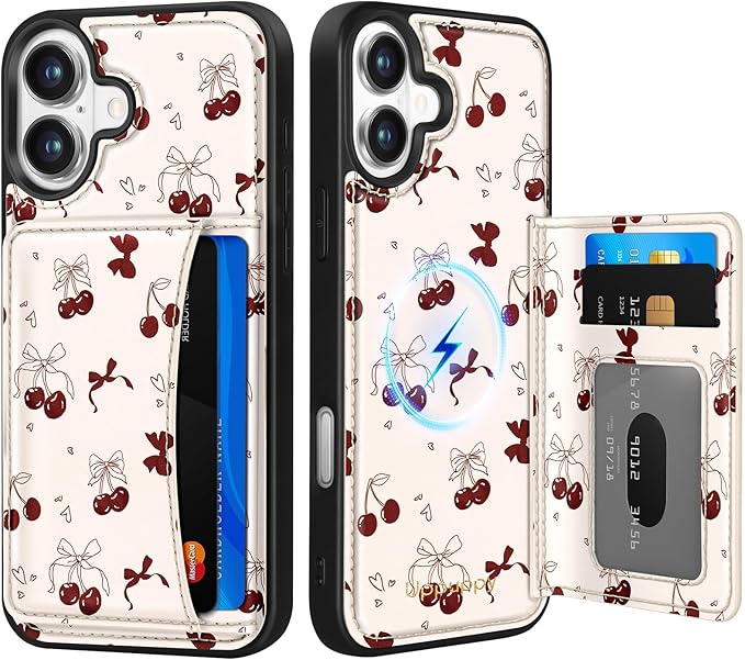 for iPhone 16 Wallet Case - Fits 4 Card Slots, Compatible with MagSafe for Women Aesthetic Durable PU Leather Credit Card Holder Kickstand Phone Cover for Apple 16, Bow Cherry