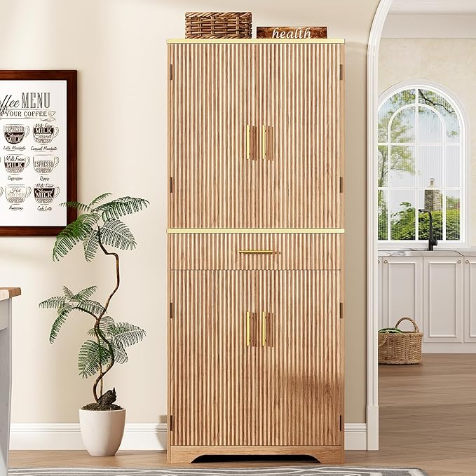 Fluted Pantry Cabinet, 71" Tall Modern Storage Cabinet with 4 Doors, Organizer, Drawer and 8 Door Shelves, Wood Cupboard for Kitchen, Dining Room, Living Room and Bathroom, Natural Oak