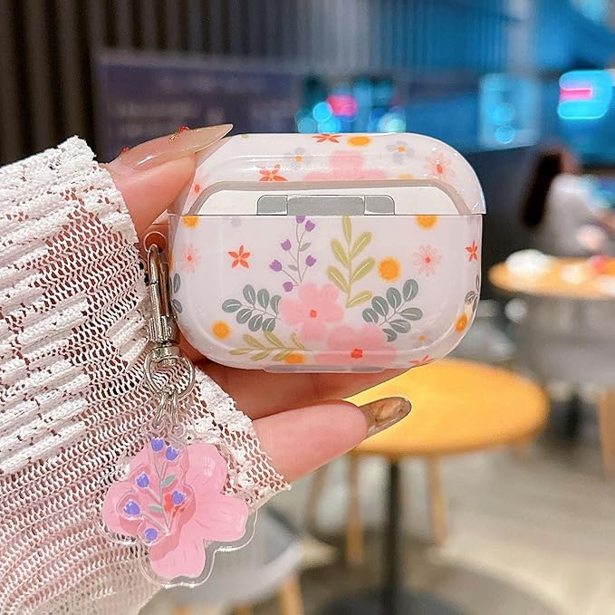 Cute Airpod Pro 2 Case Aesthetic Flower with Keychain TPU Protective Cover Compatible with AirPods Pro 2nd Generation Case for Teens Girls Women (IMD Pink Floral)