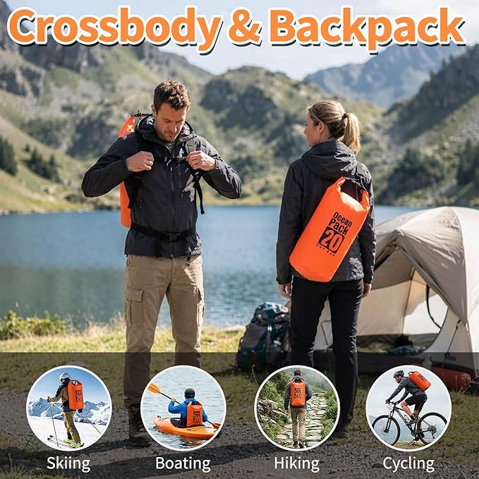 Waterproof Dry Bag, 20L Water Proof Backpack, Roll Top Closure Dry Bag Orange, Heavy Duty Floating Pouch for Kayaking Boating, Durable Hiking Backpack with IPX8 Waterproof Phone Case-Black, 7"