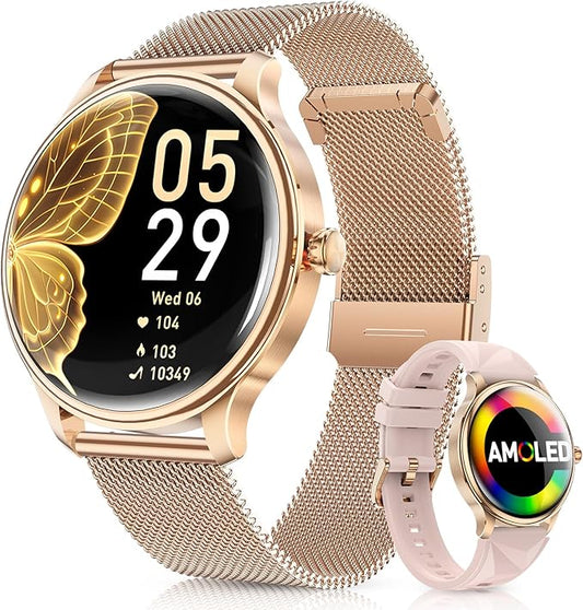 WalkerFit Smart Watch for Women 2025, 1.43" AMOLED, Bluetooth Call, Wireless Magnetic Charging, Female Health Tracker, 120+ Sport Modes, IP68 Waterproof Fitness Smartwatch for Android iOS (Pink)