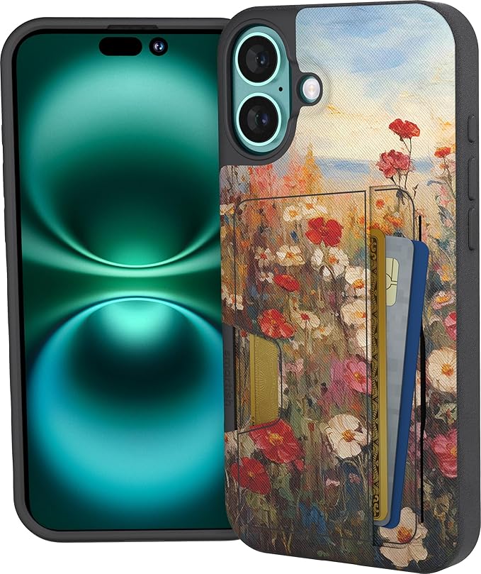 Smartish® iPhone 16 Plus Wallet Case - Wallet Slayer Vol 2 [Slim + Protective] Credit Card Holder w/Kickstand - Drop Tested Hidden Card Slot Cover Compatible w/Apple iPhone 16 Plus - Wildflower Fields