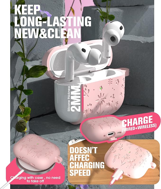 Seltureone Compatible with AirPods Pro 3 Case 2025 Cute with Cherry Blossom Keychain and Cleaning Kit, Soft Silicone Shockproof Flower Engraved Cover Compatible with AirPod Pro 3 Case Cover - Pink