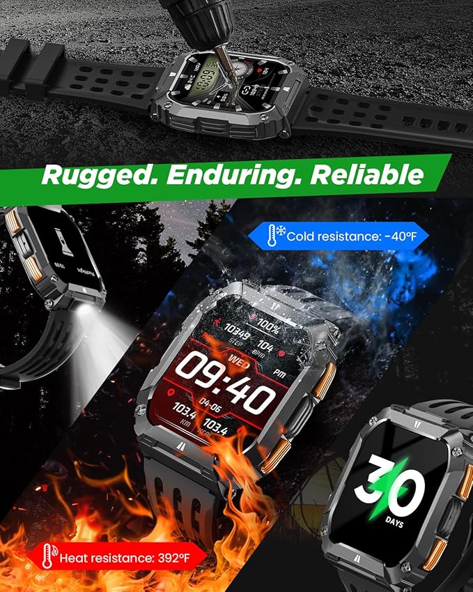 Smart Watches for Men, 1.95'' Fitness Watch: Waterproof Military Smart Watch with 100 Days Battery Life/Call/Flashlight/Sleep/SpO2/Heart Rate Monitor/Step Tracker, Sport Smartwatch for Android iPhone