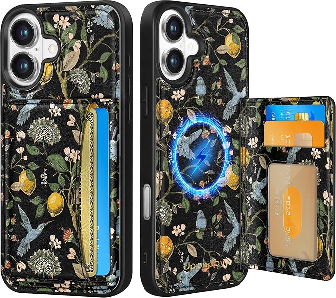 for iPhone 16 Plus Case with Wallet - Fits 4 Card Slots, Compatible with MagSafe for Women Aesthetic Durable PU Leather Credit Card Holder Kickstand Phone Cover for Apple 16 Plus, Lemon Bird