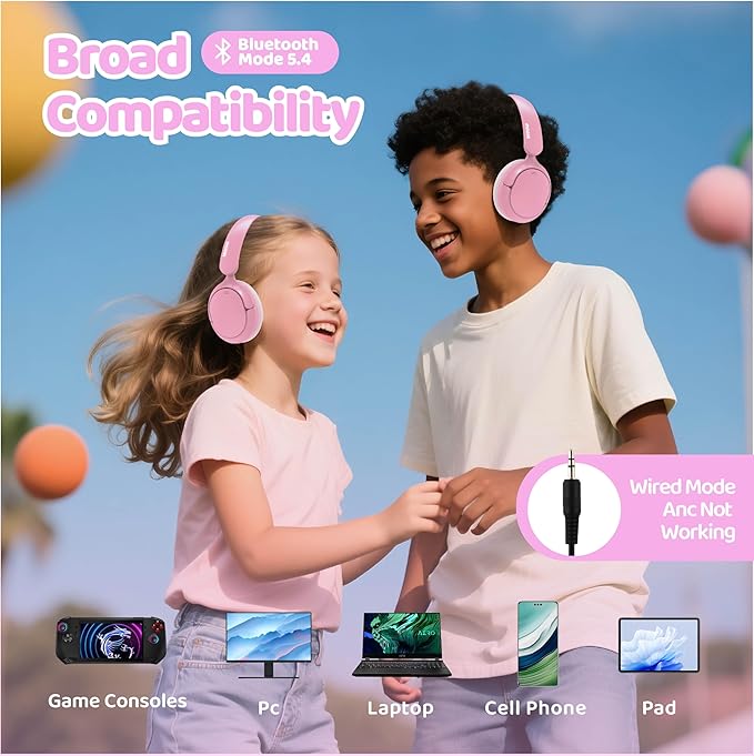 MIDOLA Kids Bluetooth Headphones Active Noise Cancelling,Volume Limited 85/94dB,Over Ear Foldable with Mic Aux Cord,Lightweight Wireless Headphone for Kid Toddler Child Pad Tablet Pink