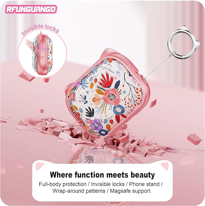 RFUNGUANGO AirPods Pro Case for Women Girly Cat Case with Lock, Phone Stand, Keychain & Cleaner Kit, Compatible with Apple Airpods Pro 2nd/1st Generation Case Cover, Pink Flower