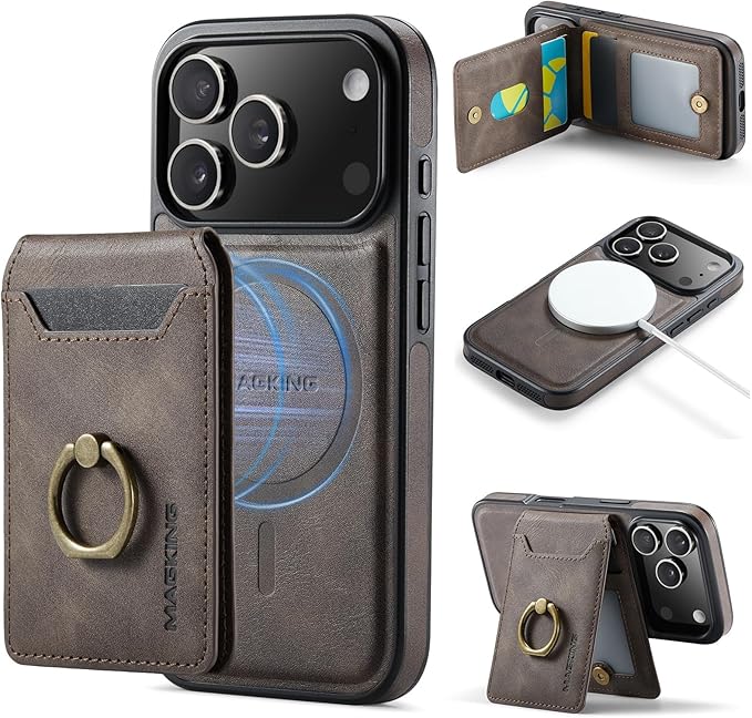 Wallet Case for iPhone 17 Pro, 2 in 1 Strong Magnetic Detachable, Shockproof Phone Case Compatible with MagSafe, Slim Leather Wallet RFID Blocking 5-Card Holder Ring Grip Stand (Coffee)
