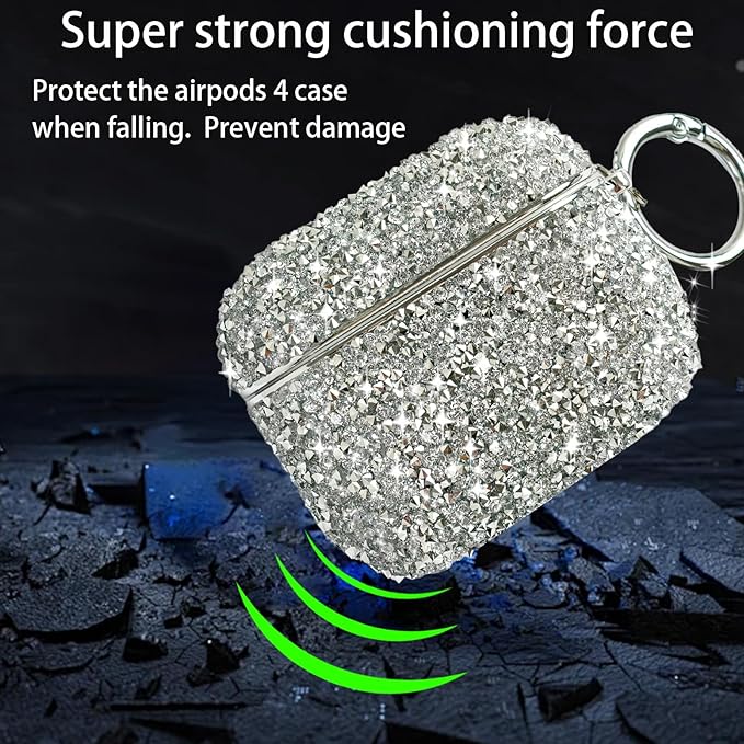 for Cute Glitter AirPods 4 Case for Women| Bling Hard Airpod iPods 4 Cases | with Keychain | Sparkly Rhinestone Air Pods 4 Generation Case for Women Girl- Model A3058/A3059(White)