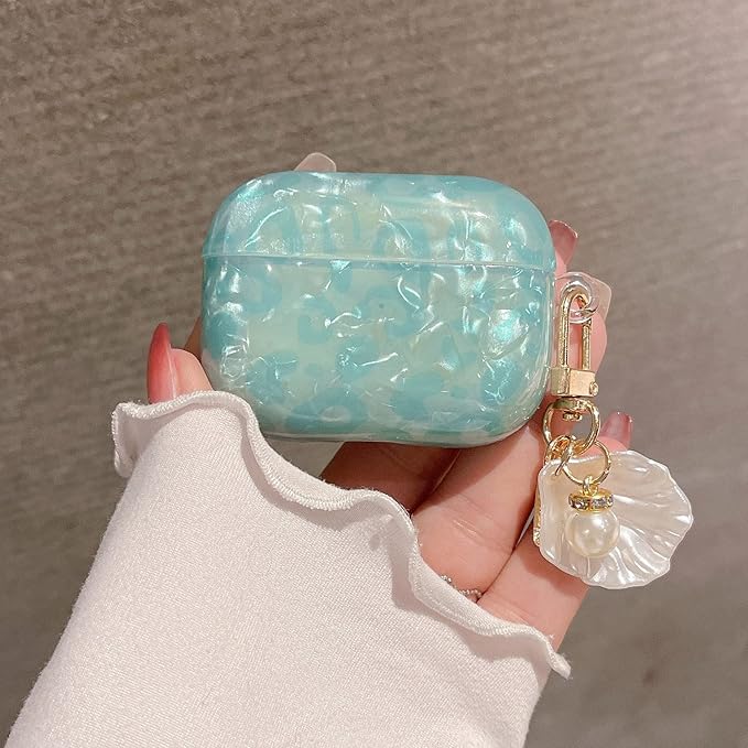 Cute Case for Airpod Pro 2 with Shell Pearl Keychain Luxury Aesthetic Leopard Hard TPU Protective Cover Compatible with AirPods Pro 2019 2022 2023 for Girls Women (Turquoise Blue)