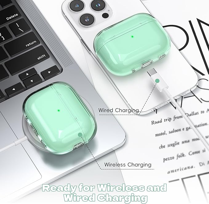 for Airpods Pro 2nd/1st Generation Case Cover, Compatible with Airpods Pro Case 2nd Gen USB C Charging Port, Clear Soft Transparent Military Grade Shockproof Case, Clear Green