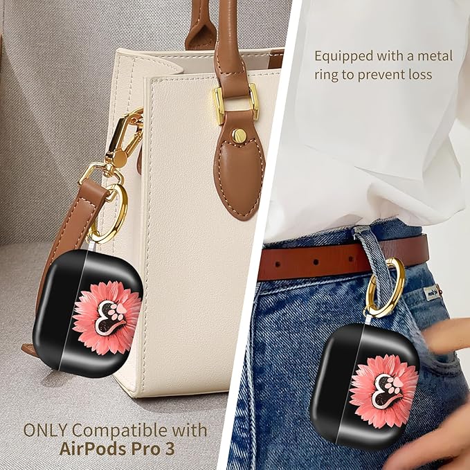 AirPod Pro 3 (2025) Case Cover for Women, Cute Shockproof TPU Protective Case with Gold Round Buckle, Anti-Drop Design Sunflower Pink Flowers Dog paw