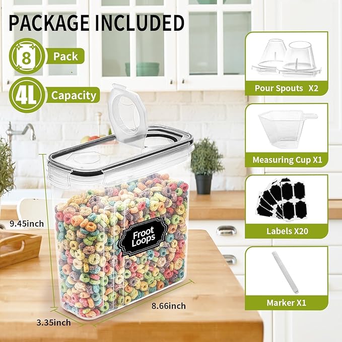 Skroam 8PCS Cereal Containers Storage [4L/135.2 oz], Airtight Food Storage Containers with Pour Spout for Kitchen & Pantry Organization Storage, Plastic Cereal Dispensers, Measuring Cup & 20 Labels