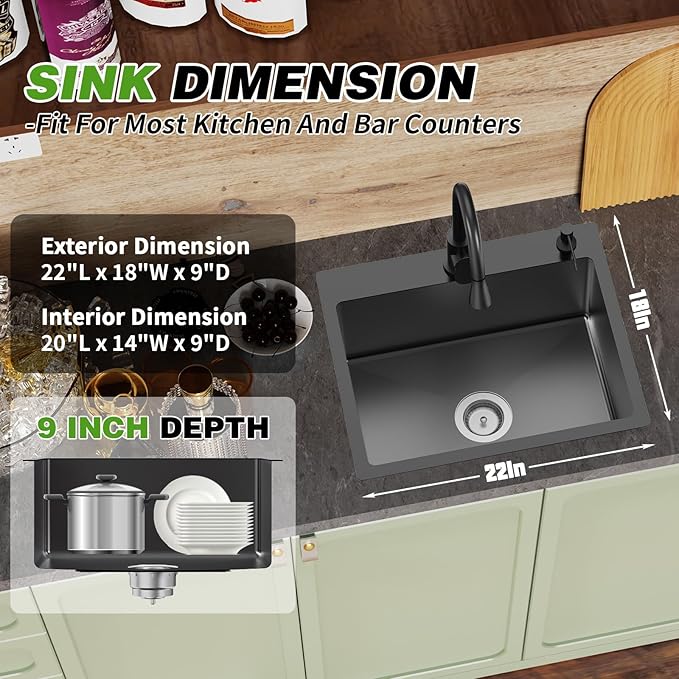 Black Kitchen And Bar Sink, 22x18 Inch Stainless Steel Drop In Kitchen Sink Modern Single Bowl Topmount Bar Sink Combo-Silicon Mat,Drain Strainer Set Compatibility With Various Kitchen & Bar Style