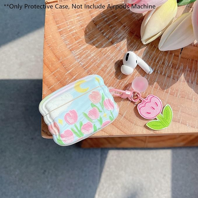 Cute Airpod Pro 2 / Airpod Pro Case Flower with Floral Keychain Wave Shape Soft TPU Protective Cover Compatible with AirPods Pro 2nd Generation Case for Girls Women (Tulip Pink)