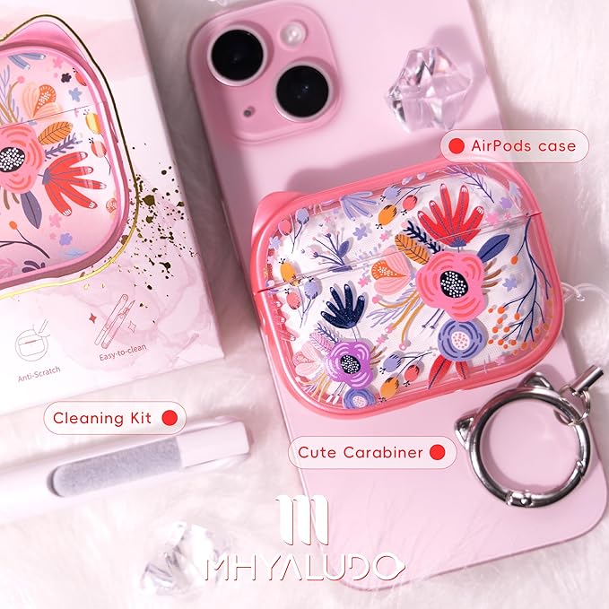 for AirPods Pro 2 Case with Cleaning Kit, Cute Cat Ear Print Design & Cute Buckle for Girls, Phone Holder & Top Safe Lock Buckle Design for AirPods Pro 2nd/1st Gen case, Clear Flowers