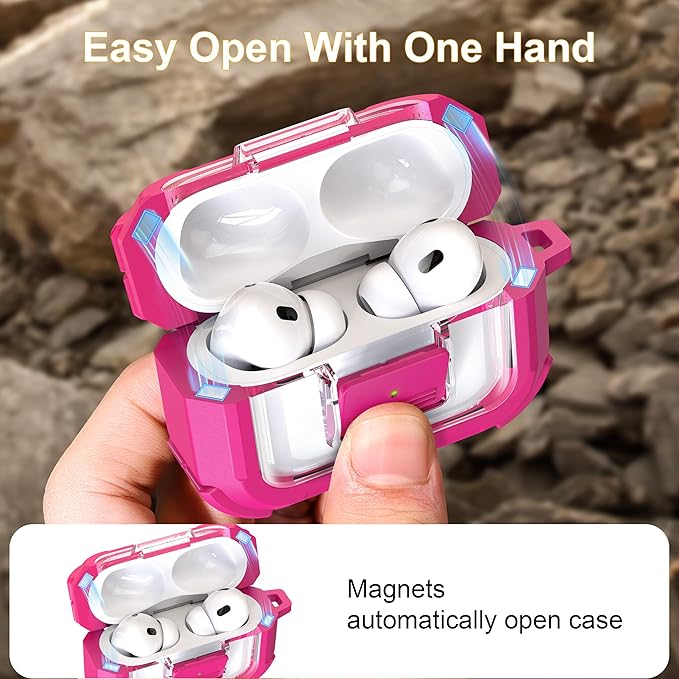 RFUNGUANGO for AirPods Pro 2 Case, Compatible with AirPods Pro 2nd/1st Generation Case, Compatible with MagSafe, Magnetic Automatic Lock with Cleaner Kit and Keychain, Front LED Visible, Rose Red