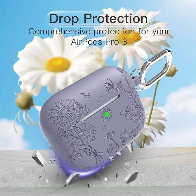 for AirPods Pro 3 Case (2025) DamonLight Daisy Floral Engraved Shockproof Protective Soft Silicone Case Cover with Cleaning Pen and Keychain for Apple Airpods Pro 3rd Generation (Lavender Gray)