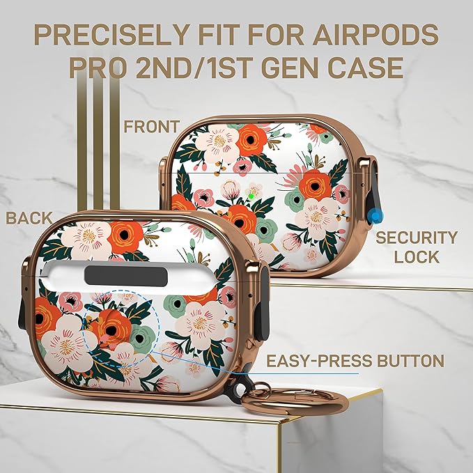 Maxjoy for Airpods Pro 2nd Generation/1st Generation Case with Lock, Flower AirPod Pro 2 Case for Women Men with Keychain Protective Hard iPods Pro Cover for Airpods Pro (2022/2019), Floral