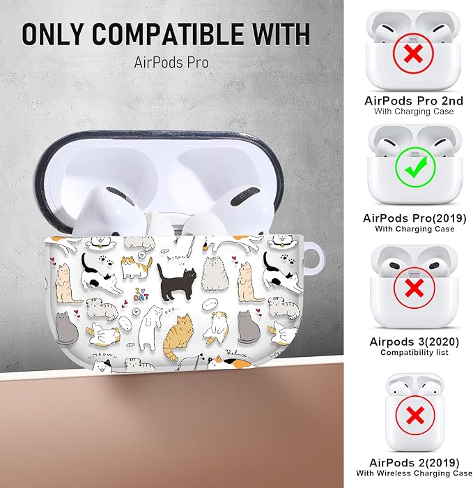 for Airpods Pro Case, Cute Cool Kitty Cat Pattern TPU Soft Cases for Airpods Pro Case 1st Gen, Shockproof for Airpods Pro 2019 Case Men Women with Cleaner Kit & Keychain