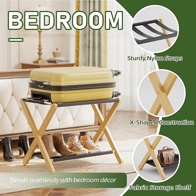 Luggage Rack, Set of 2, Folding Suitcase Stand with Storage Shelf, Premium Bamboo Luggage Holder for Guest Room, Bedroom, Hotel, Closet, Holds up to 135 lb (Natural)