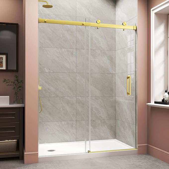 Frameless Shower Door,Single Sliding Glass Shower Door with Nano Coating & Safety Film, Adjustable 67"-72" W x 72" H, Brushed Gold,1/4" (6mm) SGCC Tempered Glass
