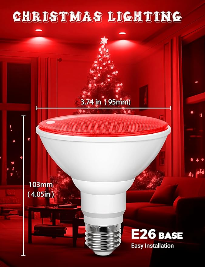 JandCase Christmas Red Light Bulbs Outdoor, LED PAR30 Red Flood Lights 12W(100W Equivalent), E26 Colored Light Bulbs for Porch Home Lighting, Party Decor, Courtyard, Not-Dimmable, 2 Pack