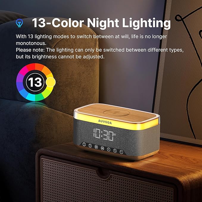 S300 16W Stereo Bluetooth Speaker with 15W Fast Wireless Charging, 13-Color Night Light, Alarm, White Noise, FM Radio, Portable, TWS, BT5.3, for PC, Smartphone, Home, Office & Bedroom (Wood)