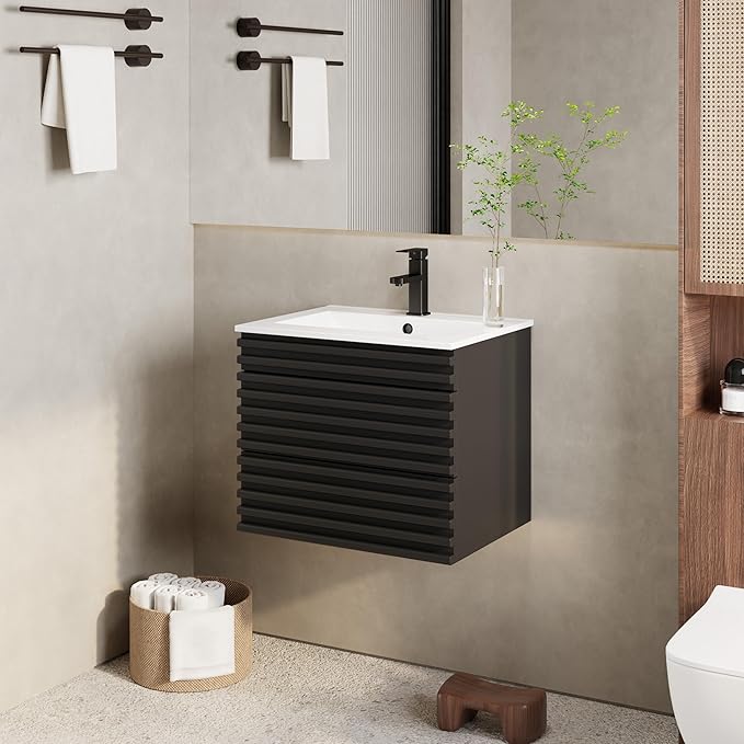 eclife 24" Floating Bathroom Vanity with Sink Combo Mid-Century Wall Mounted Cabinet with Wood Stripes Decor, Drawers, Undermount Sink, Faucet, Drain, Black