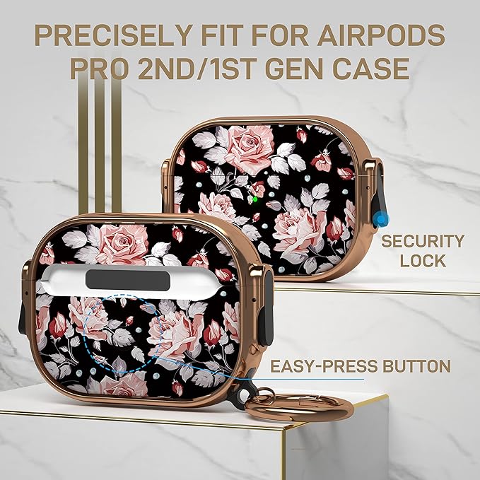 Maxjoy for AirPods Pro 2nd/1st Generation Case with Lock, Flower AirPods Pro 2 Case Lock Protective Hard AirPod Pro Cover for Women Girly with Keychain for Airpod Pro (2023/2022/2019), Rose