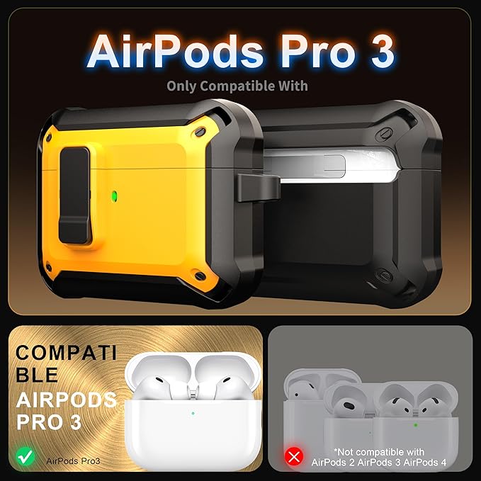 RFUNGUANGO AirPods Pro 3 Case (2025) with Safety Lock and Automatic Pop-up, Compatible with Airpods Pro 3rd Generation Case, Magnetic Lid, Compatible MagSafe, Hard Shockproof Protective Case, Yellow
