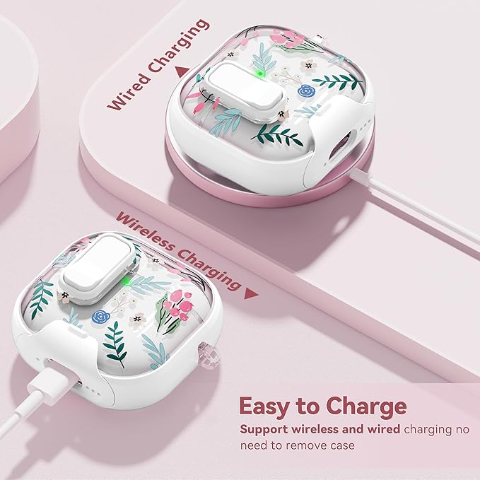with Safety Lock for Apple AirPods 4 Case,Clear Floral Cute AirPod 4th Generation Case with Phone Stand & Cleaning Kit for Women Girly-Orange Flower-Raspberry