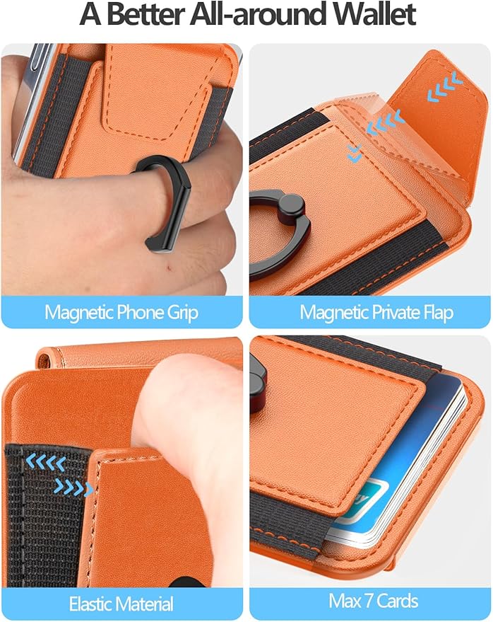 For Magsafe Wallet with Grip, 6-Card Holder, Stronger Magnetic Card Wallet Holder for iPhone 17/16/15/14/13/12 Series, Leather Magnetic Phone Wallet with Privacy Flap, RFID Blocking, Cosmic Orange