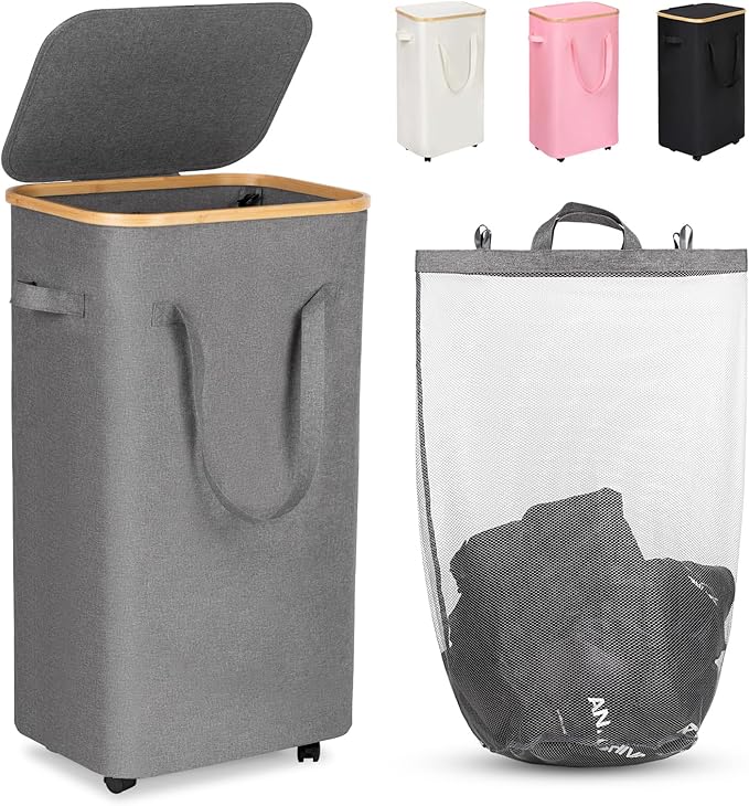 WELTRXE Gray Laundry Hamper with Lid and Wheels, 110L Large Rolling Laundry Basket with Extended Handles Foldable Dirty Clothes Hamper Wheeled Narrow Corner Clothes Bins for Bedroom Dorm Laundry Room