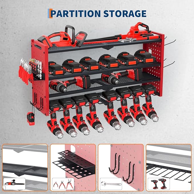 Power Tool Organizer, Drill Holder Wall Mount, Heavy Duty 4-Layer Garage Rack Metal Loads 400Lbs, 8 Drill Storage Shelf with Hooks, Drill Bit Shelf Power Tool Rack for Garage, Workbench