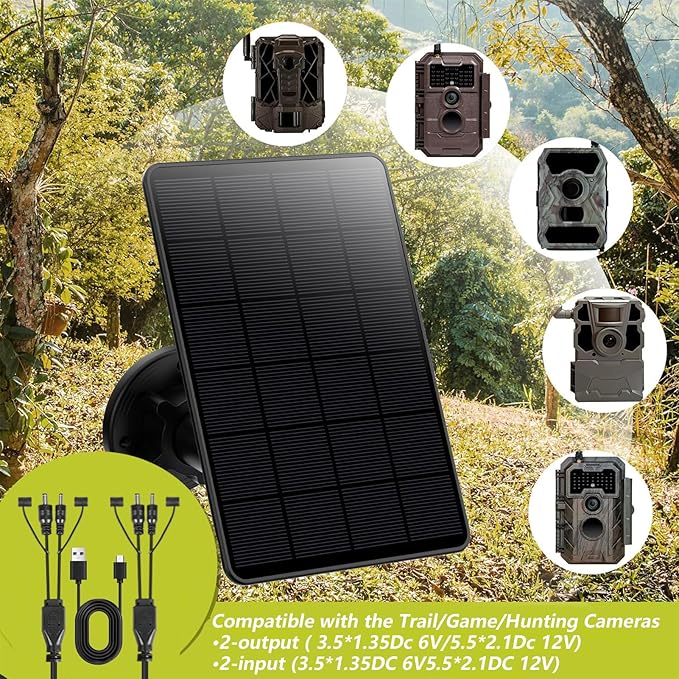 LIYVZ Trail Camera Solar Panel with Bulit-in 5000mAh Battery 2 Pack, 3W Solar Panel for Trail Camera IP66 Waterproof Multi Interfaces with DC 6V & DC 12V Output, 360° Adjustable