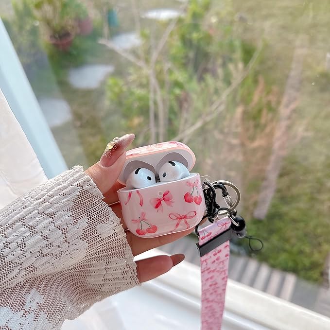 Cute Pink Ribbon Bow Cherry Design Air Pod 4th Generation （2024） with Bow Cherry Lanyard Keychain，Unique IMD Process TPU Soft Air Pod 4th Case