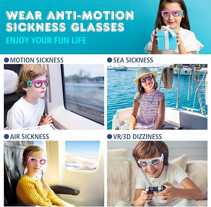Hion 2 Pairs Kids Anti- Motion Sickness Smart Glasses, Ultra-Light Portable Nausea Relief Liquid Glasses, Carsickness Airsickness Seasickness Glasses, Kids Travel/Cruise Essentials